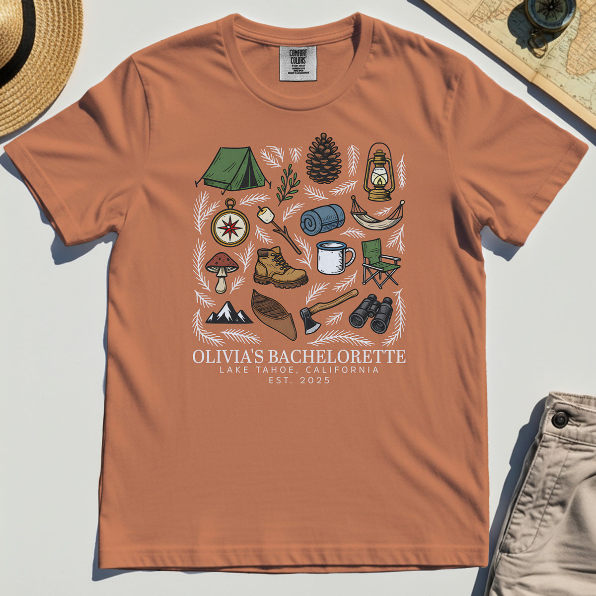 Bachelorette Camping Trip Comfort Tee, Bride Tribe Camping Trip Comfort Color Tees For Lake Tahoe 8