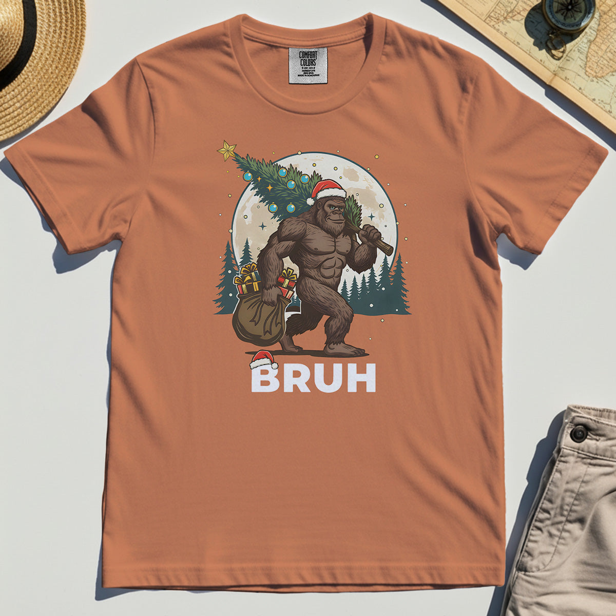 Bigfoot Christmas "BRUH" Comfort Tee, Retro Santa Hat Sasquatch Carrying Christmas Tree Comfort Color Tee 8
