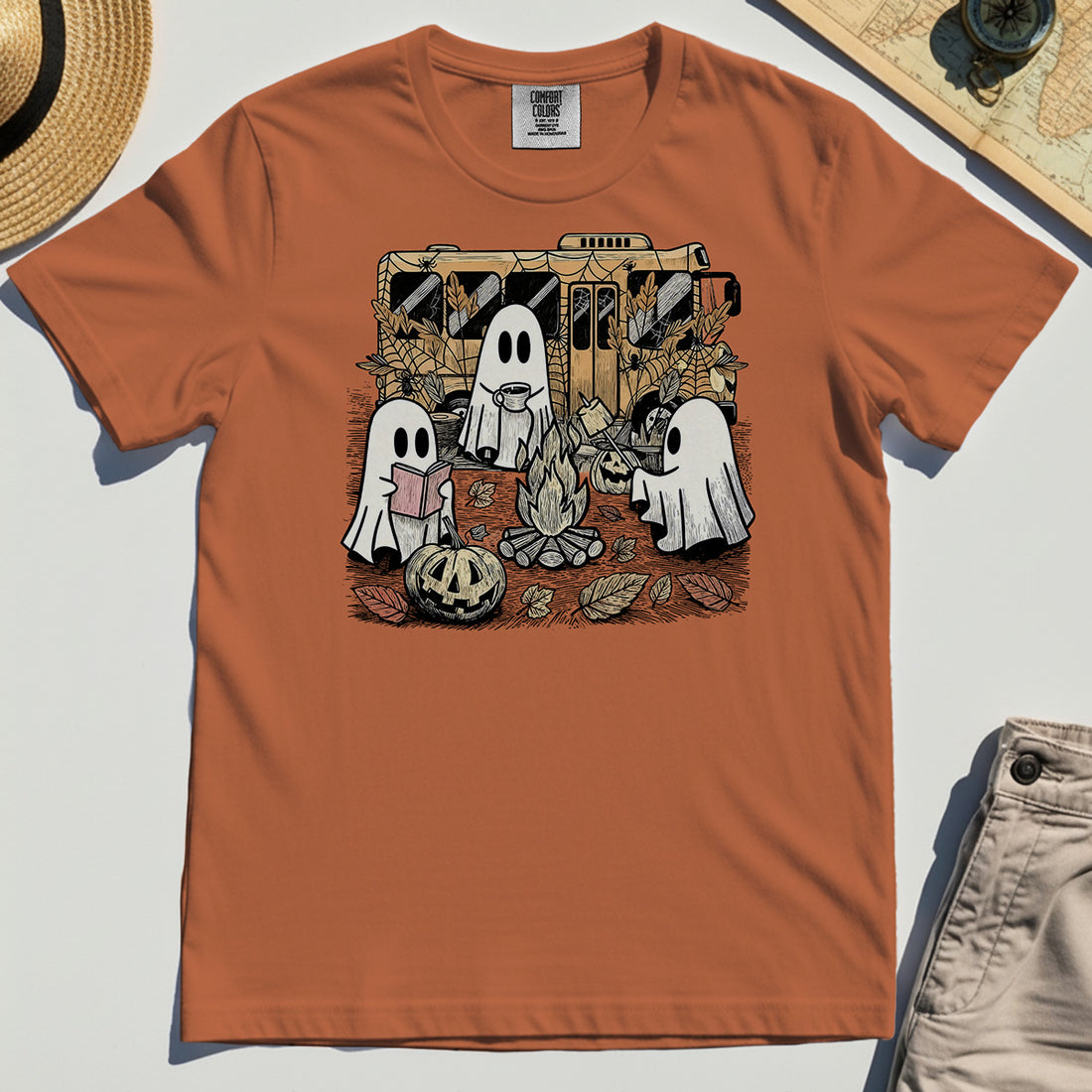 Cute Ghost Campfire Halloween Comfort Tee 1