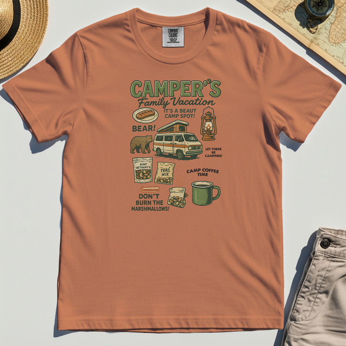 Camper’s Family Vacation Comfort Tee, Funny Outdoor Campfire Coffee Trail Mix Adventure Comfort Color Tee 8