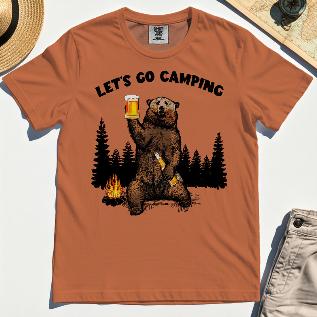 Let’s Go Camping Comfort Tee, Funny Beer Drinking Bear Graphic Comfort Color Tee For Outdoor & Camping Lovers 1