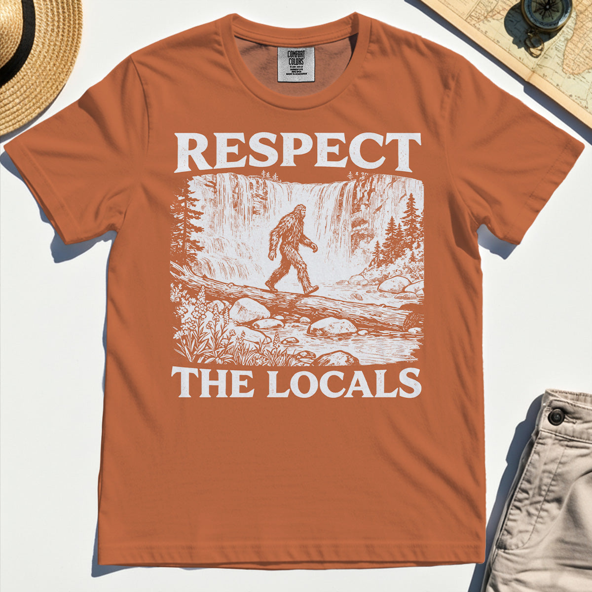 Bigfoot Respect The Locals Comfort Tee, Vintage Waterfall Hiking Graphic Comfort Color Tees For Camper And Adventurers 8
