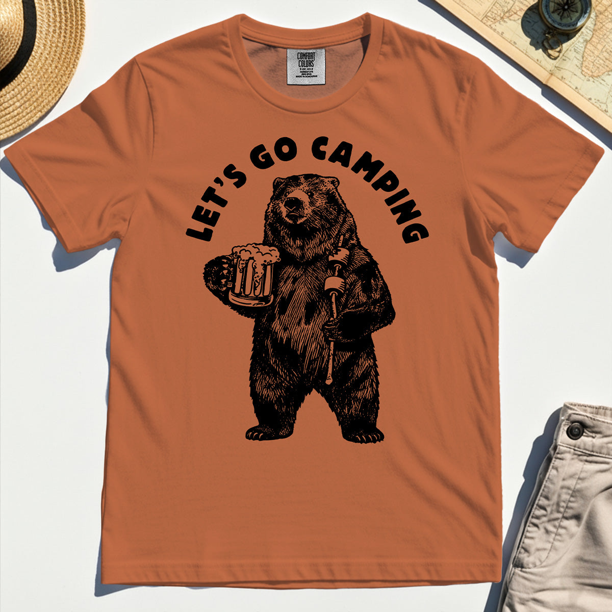 Let’s Go Camping Funny Bear Drinking Beer Comfort Tee, Beer Lover Comfort Color Tee For Outdoor Adventure & Camping Fans 8