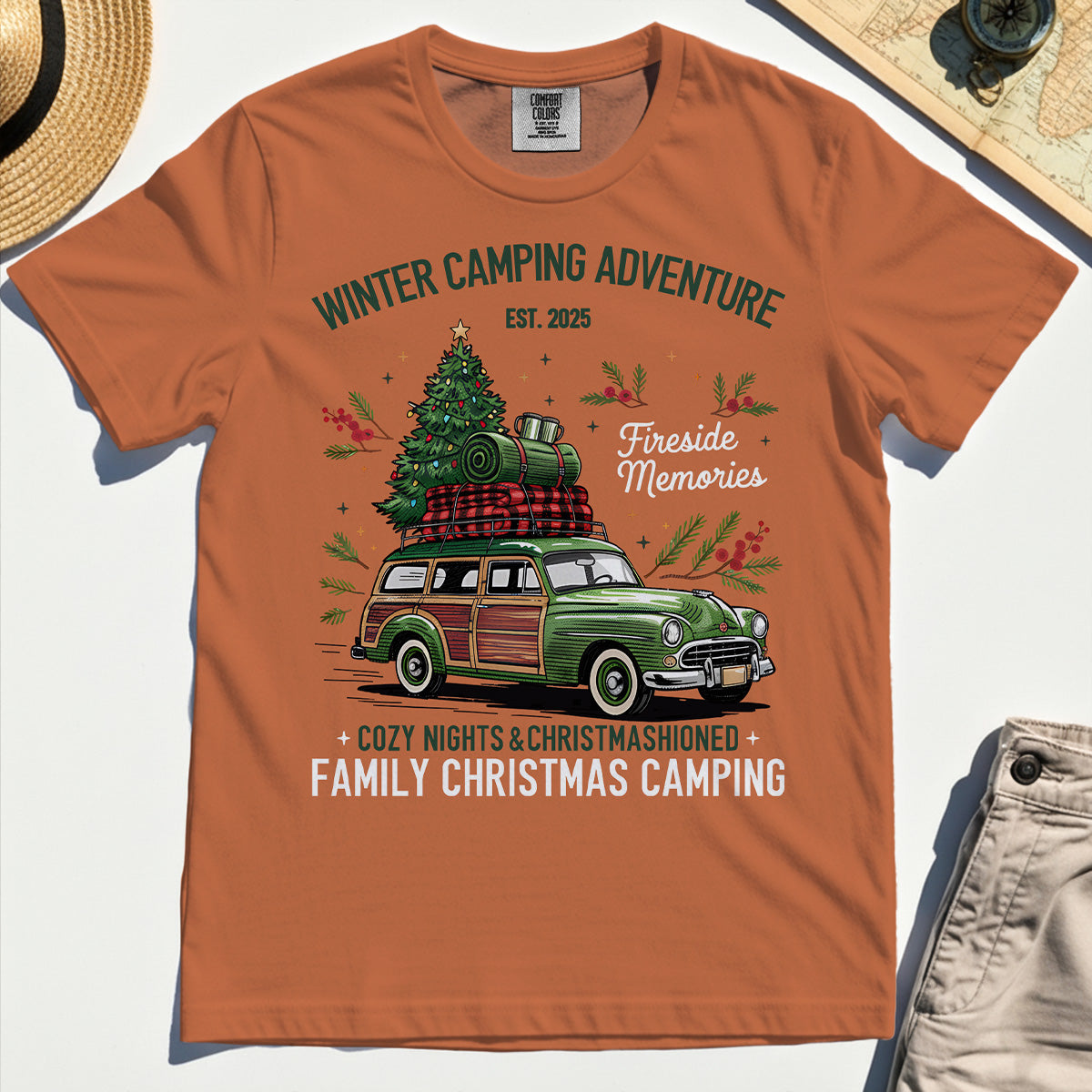 Winter Camping Adventure Comfort Tee, Retro Car with Tree Family Christmas Camping Comfort Color Tee 8