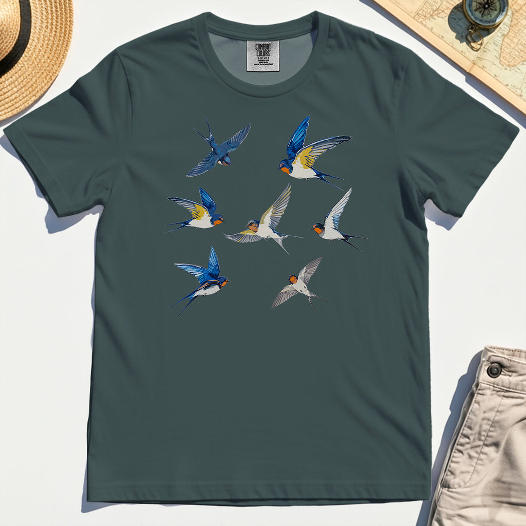 Elegant Flying Swallows Comfort Tee, Minimalist Wildlife Camping Graphic Comfort Tee Gift For Nature Campers 4