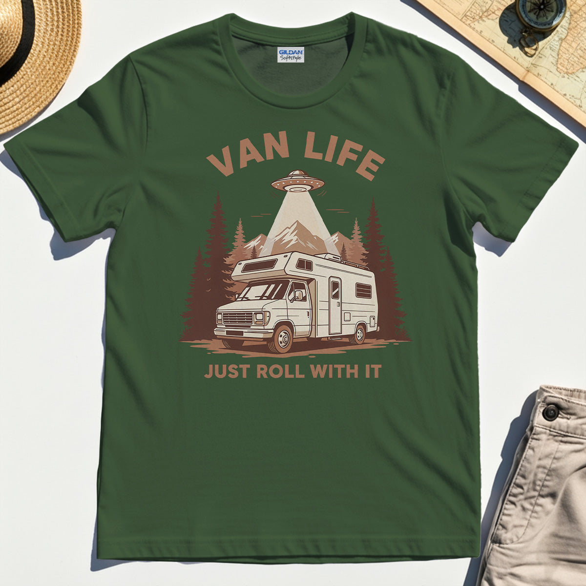 Just Roll With It T-Shirt, Retro Camper Van Adventure Shirt For Camping Lovers 2