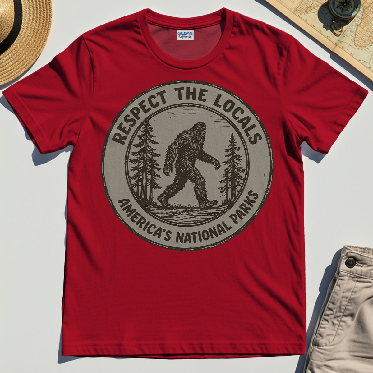 Retro Respect the Locals Bigfoot T-Shirt, Funny Sasquatch National Park Camping Tee 6