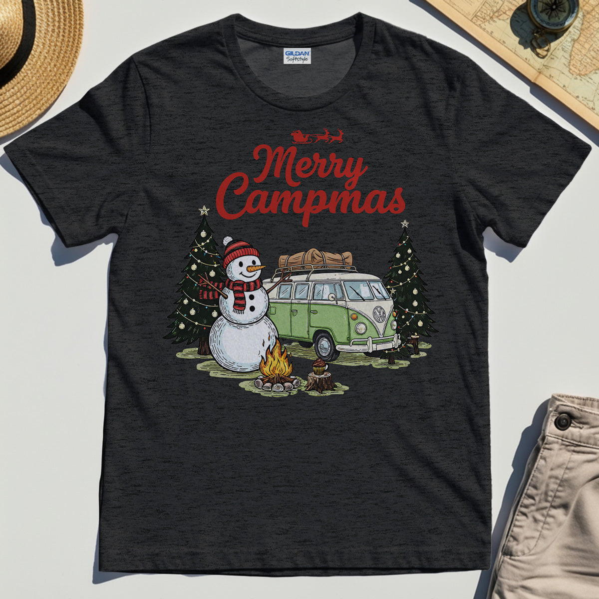 Funny Merry Christmas Camping T-Shirt, Retro Camper Van Snowman Campfire Tee for Outdoor Lovers 4