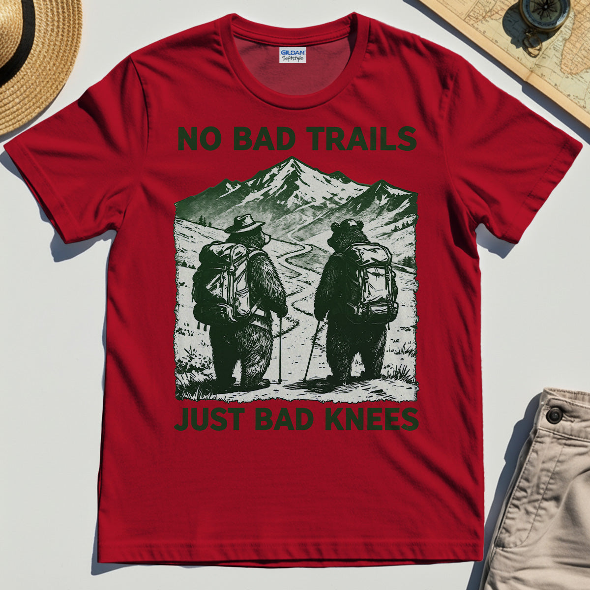 No Bad Trails Just Bad Knees T-Shirt, Vintage Bear Backpacking Shirt for Campers and Outdoor Enthusiasts 5
