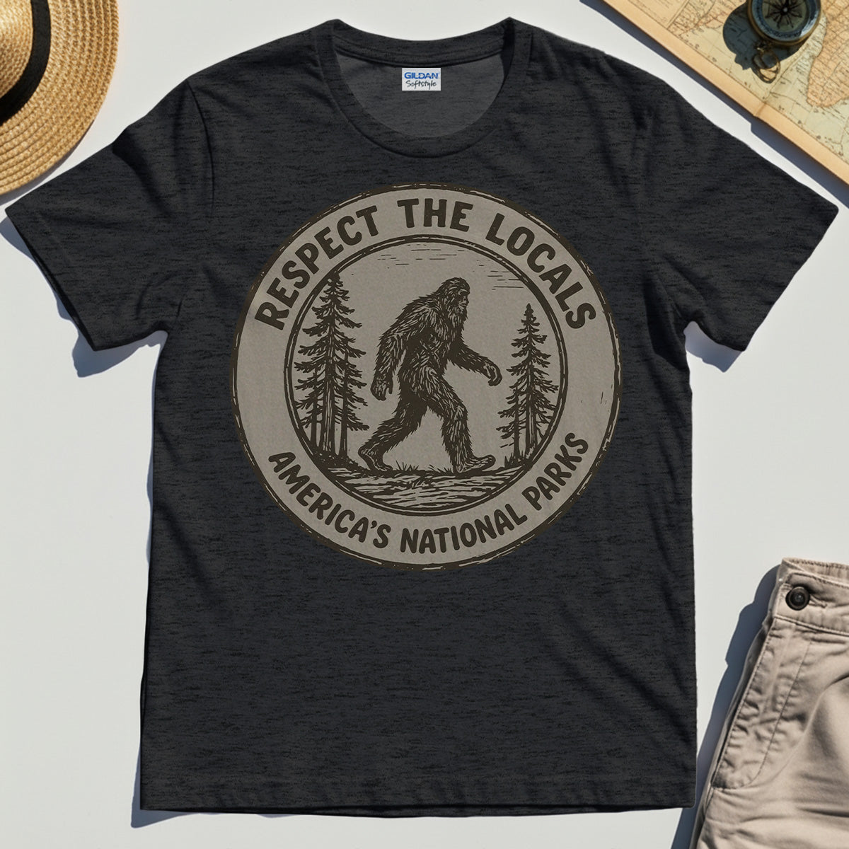Retro Respect the Locals Bigfoot T-Shirt, Funny Sasquatch National Park Camping Tee 1
