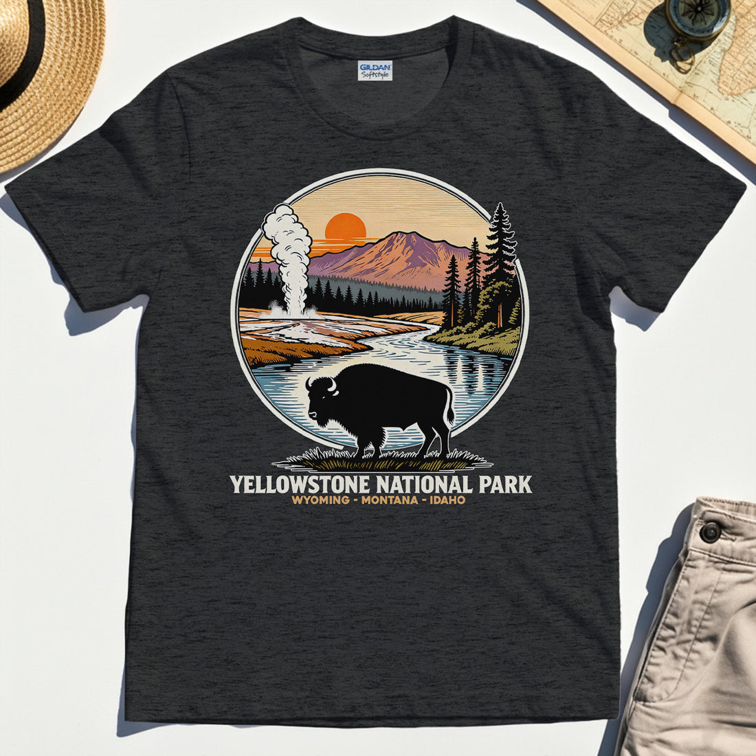 Retro Yellowstone National Park T-Shirt, Bison Silhouette Outdoor Adventure Tee For Nature Campers 1