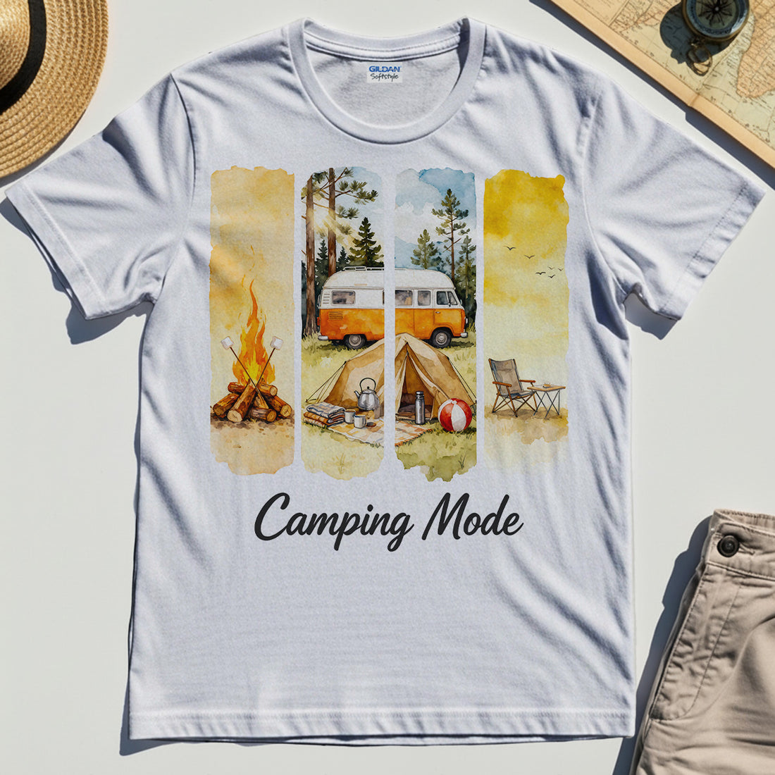 Van Life and Campfire Graphic Tee, Watercolor Campfire and Tent Graphic T-Shirt For Outdoor Lovers 1