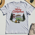 Funny Merry Christmas Camping T-Shirt, Retro Camper Van Snowman Campfire Tee for Outdoor Lovers 5
