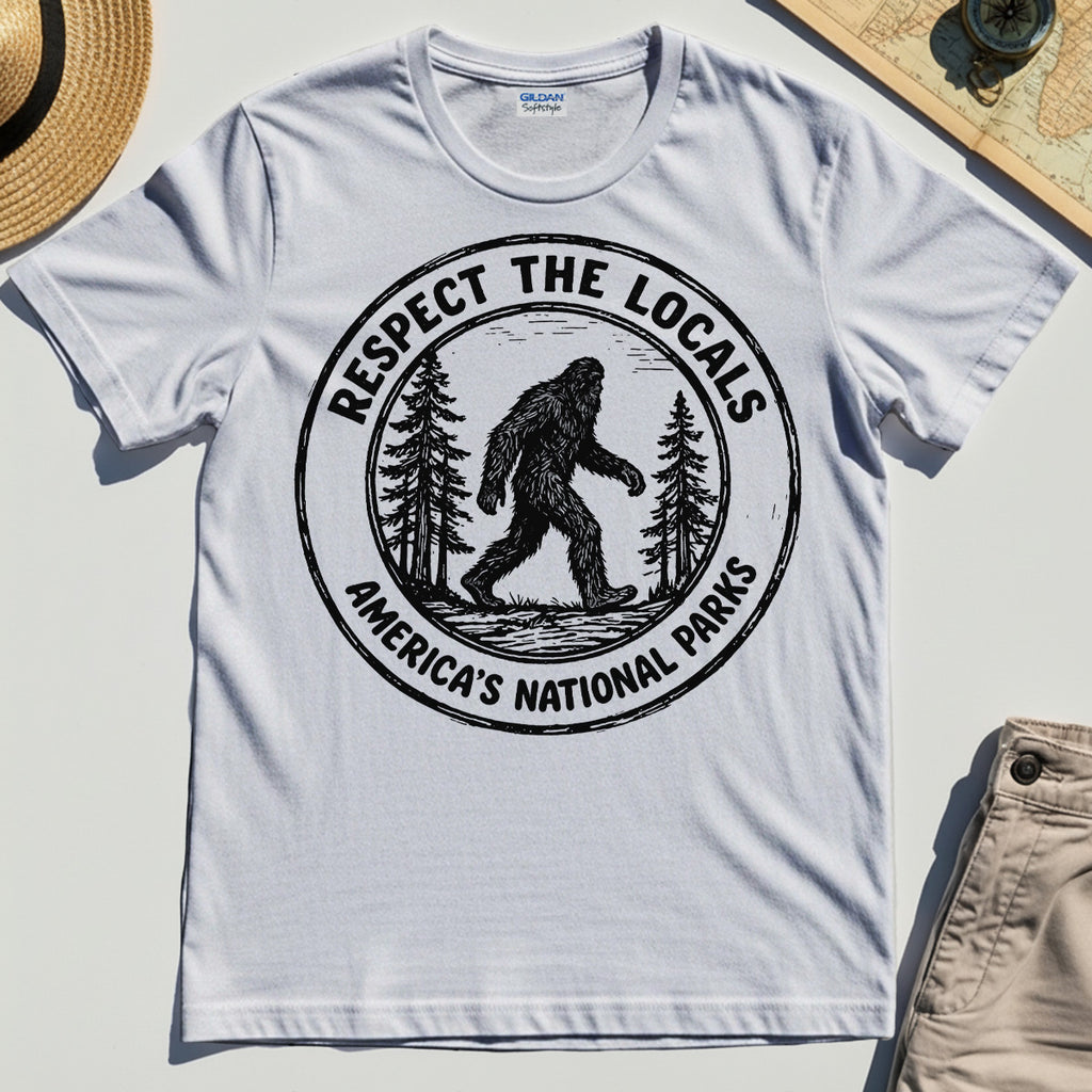 Retro Respect the Locals Bigfoot T-Shirt, Funny Sasquatch National Park Camping Tee 7
