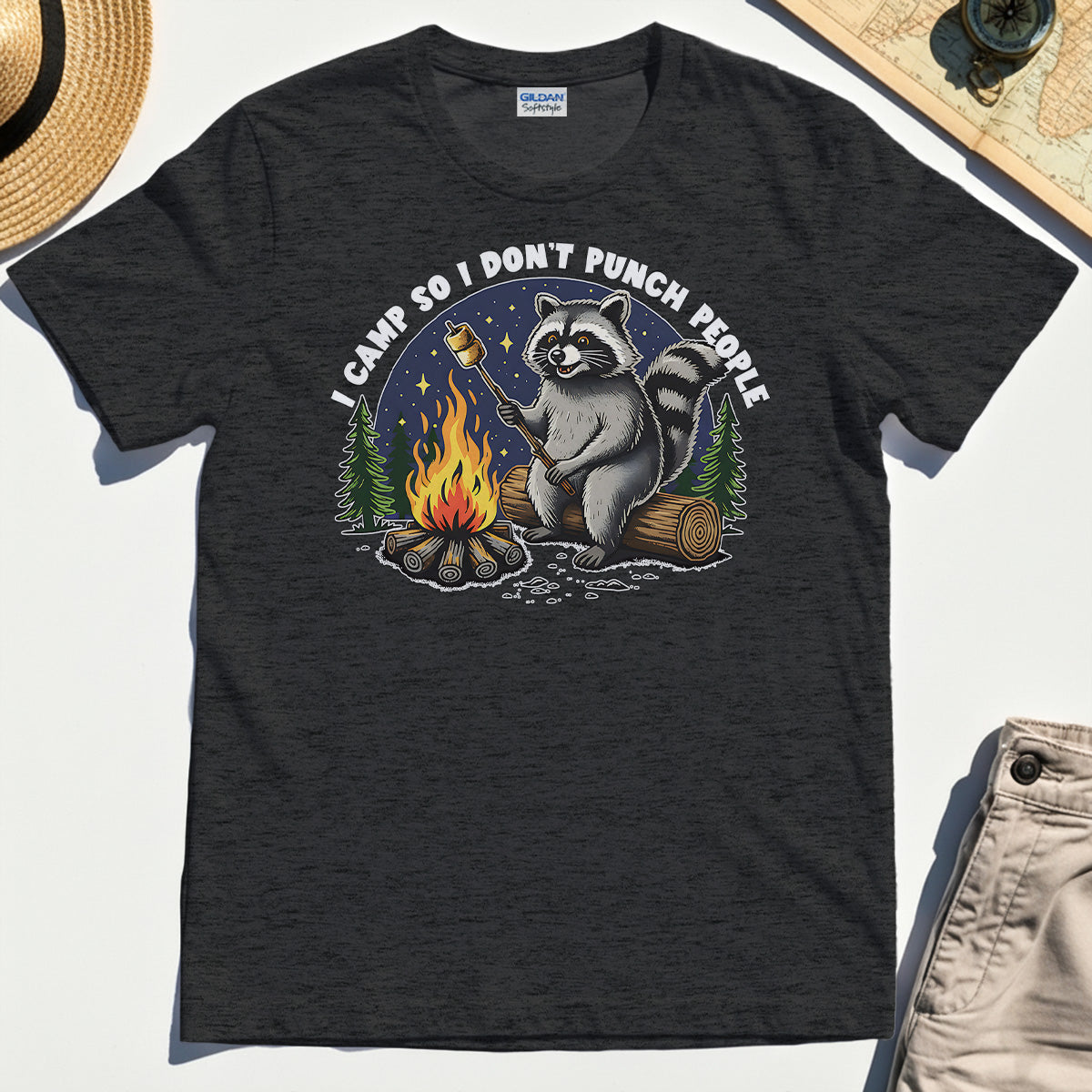 I Camp So I Don’t Punch People Shirt, Funny Raccoon Marshmallow Campfire Tee 1