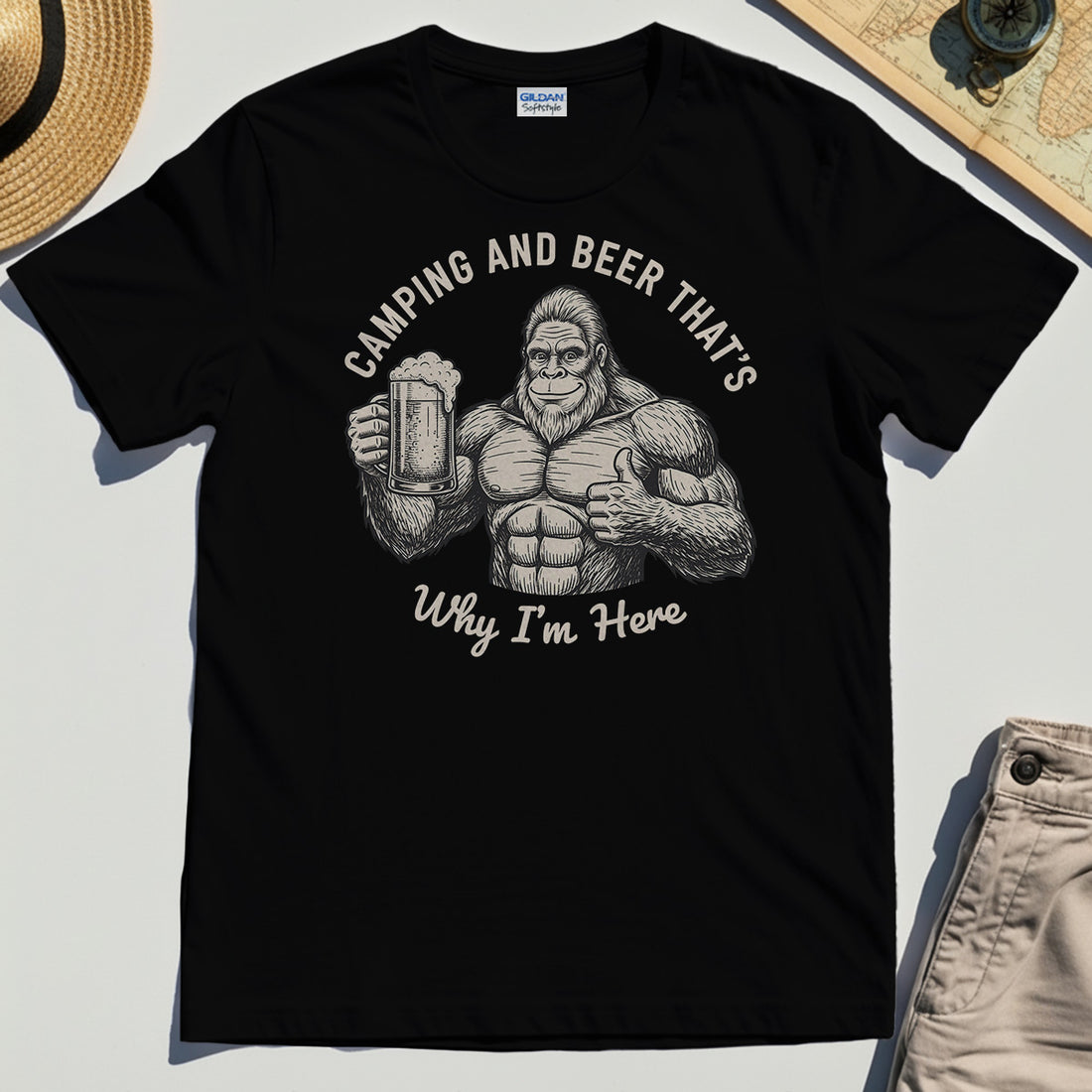 "Camping and Beer That’s Why I’m Here" Funny Bigfoot Camping T-Shirt 1