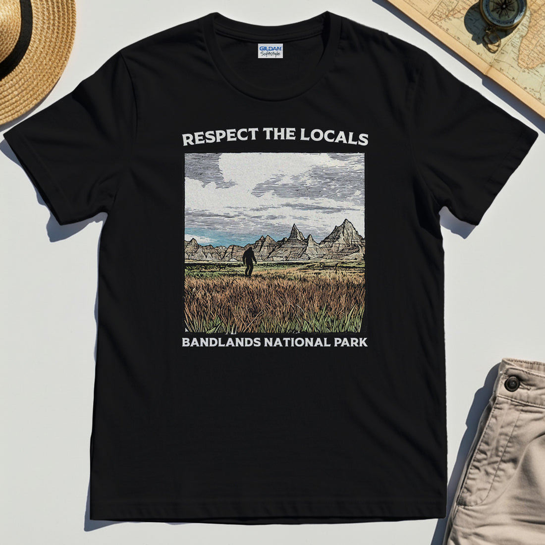 Sasquatch Respect The Locals T-Shirt, Bigfoot Hiking Through Badlands National Park Shirt 1