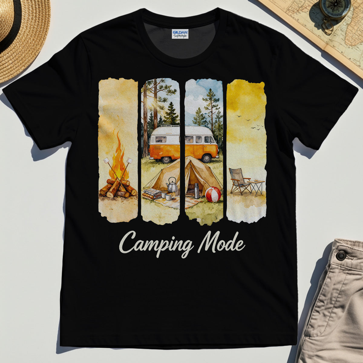 Van Life and Campfire Graphic Tee, Watercolor Campfire and Tent Graphic T-Shirt For Outdoor Lovers 2