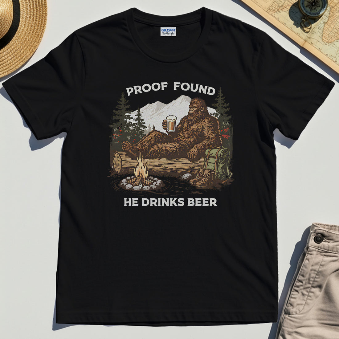 Funny Bigfoot "Proof Found He Drinks Beer" Camping T-Shirt, Sasquatch Beer Lover T-Shirt For Campers 1