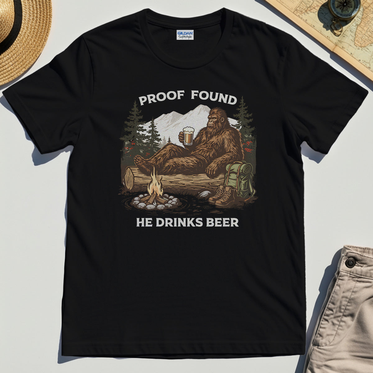 Funny Bigfoot "Proof Found He Drinks Beer" Camping T-Shirt, Sasquatch Beer Lover T-Shirt For Campers 2