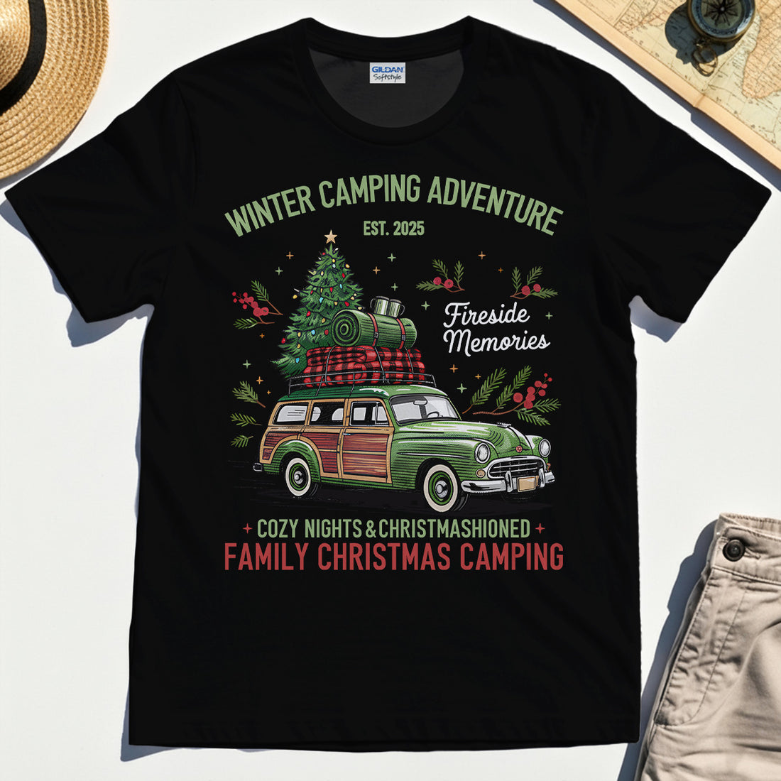 Winter Camping Adventure T-Shirt, Retro Car with Tree Family Christmas Camping Shirt 1