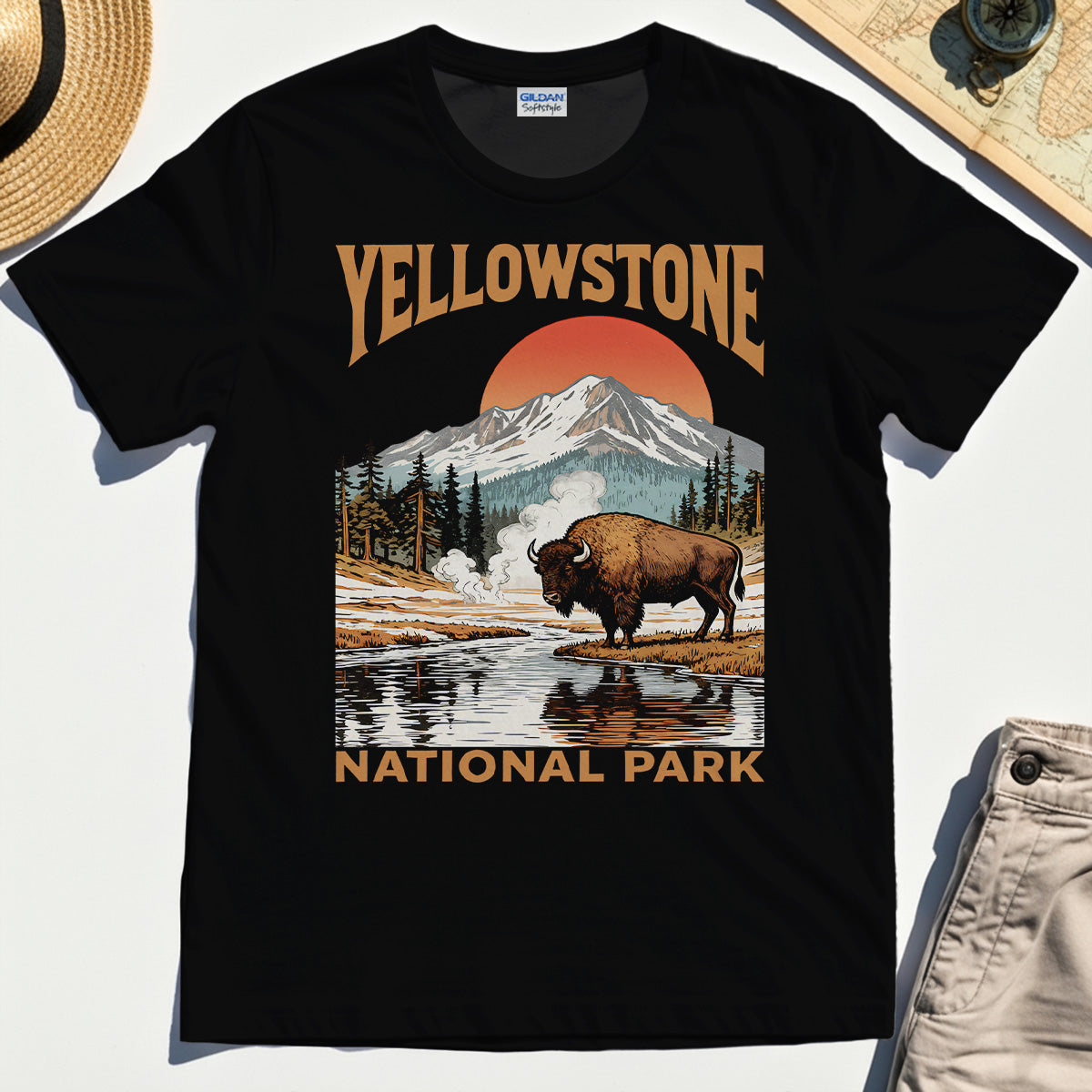 Yellowstone National Park T-Shirt, Vintage Bison Sunset Mountain Shirt For Campers 2