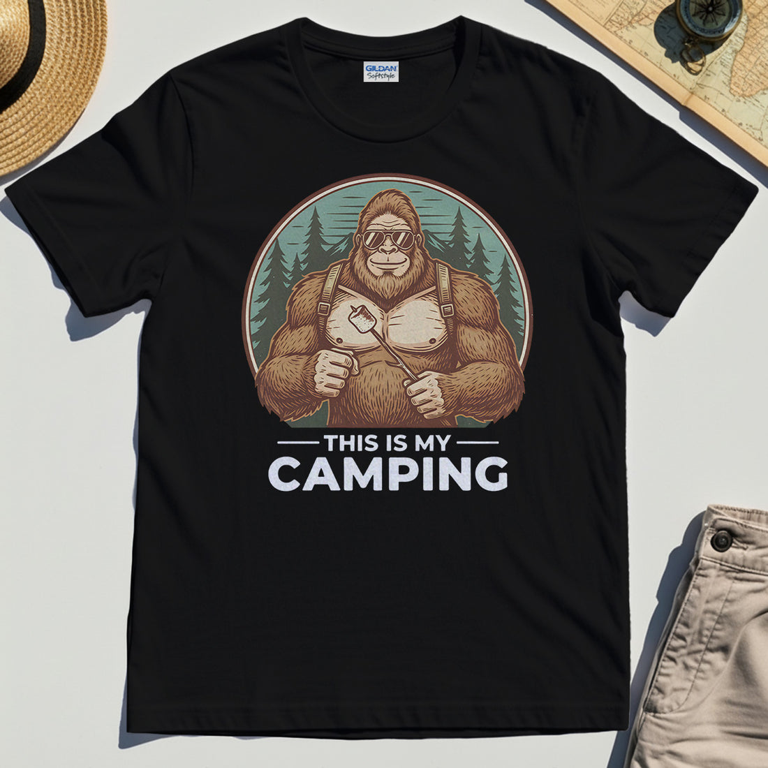 Funny Bigfoot Camping T-Shirt "This Is My Camping”, Sasquatch With Marshmallow Tee 1