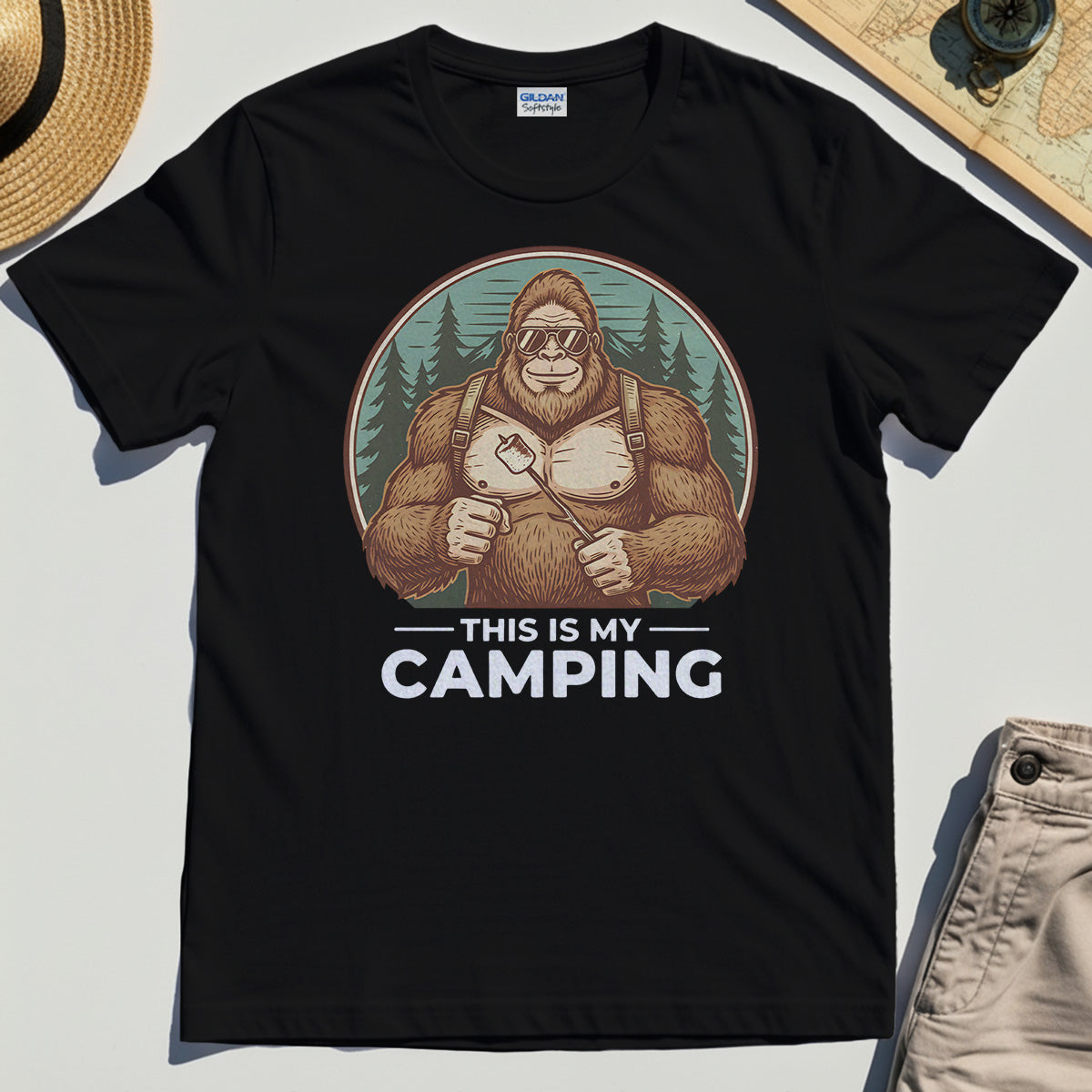 Funny Bigfoot Camping T-Shirt "This Is My Camping”, Sasquatch With Marshmallow Tee 1