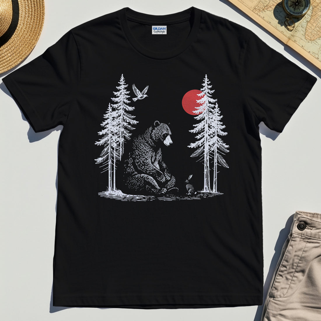Bear and Bunny Under Red Sun Shirt, Vintage Forest Nature Graphic Tee, Wildlife Art T-Shirt For Outdoor Lovers 1