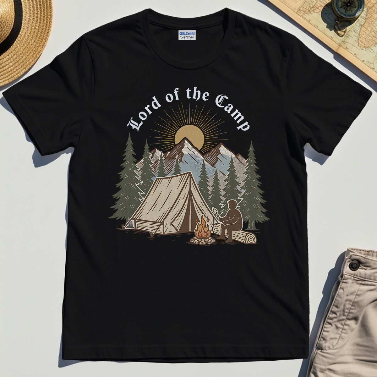 Vintage Lord of the Camp Campfire T-Shirt, Tent And Campfire Mountain Scene Shirt 1