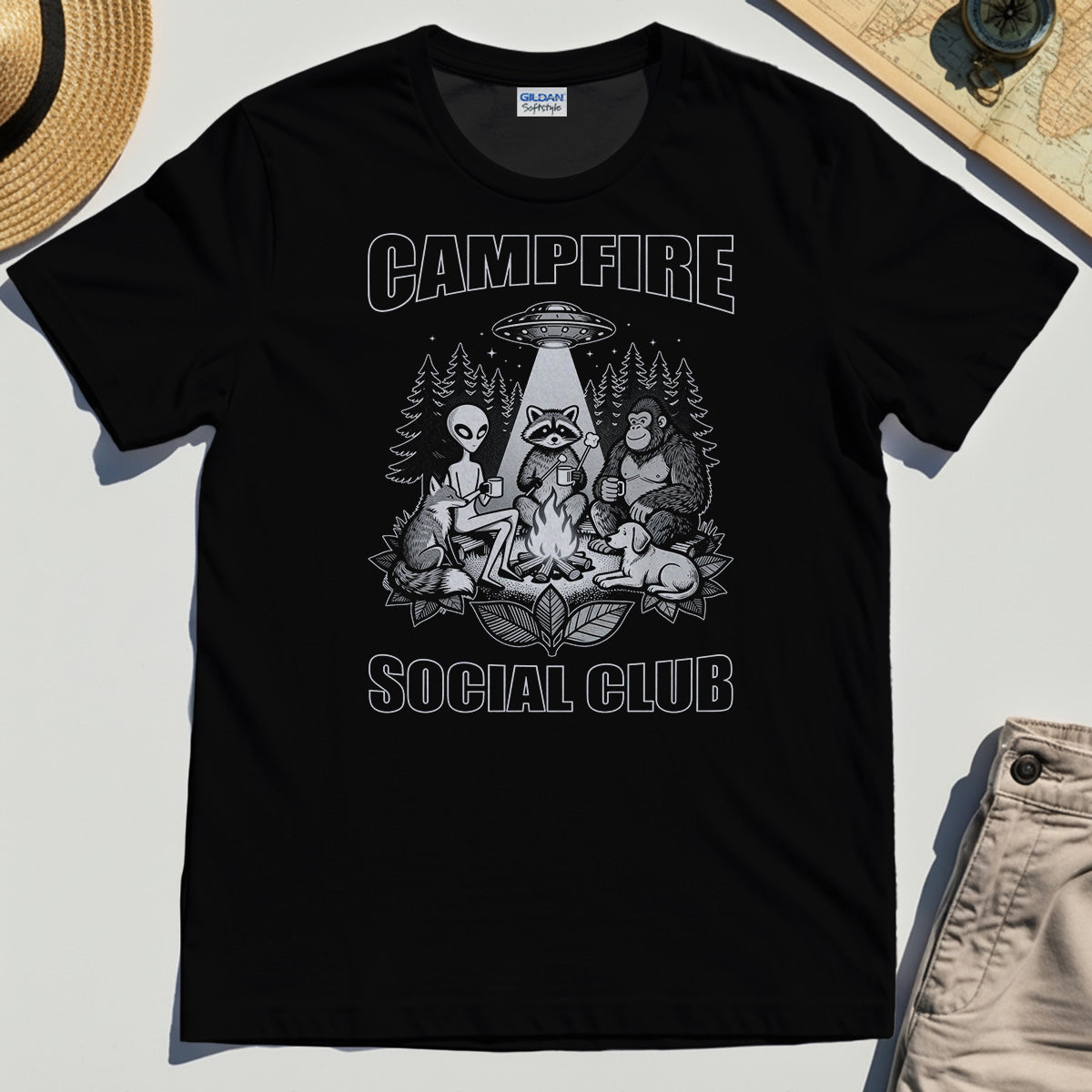Campfire Social Club With Alien, Bigfoot, UFO And Raccoon T-Shirt 2