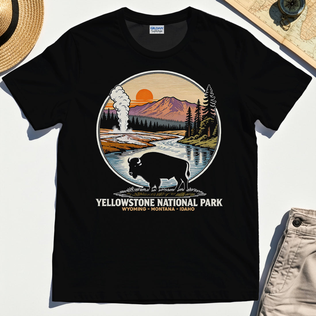 Retro Yellowstone National Park T-Shirt, Bison Silhouette Outdoor Adventure Tee For Nature Campers 1