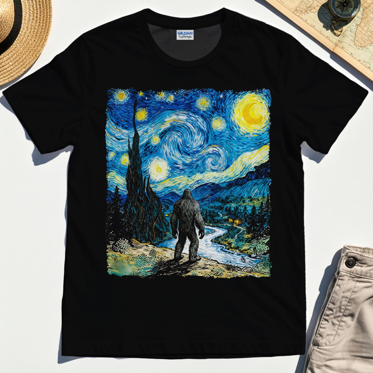Funny Sasquatch Van Gogh Parody Tee, Bigfoot Starry Night T-Shirt 1