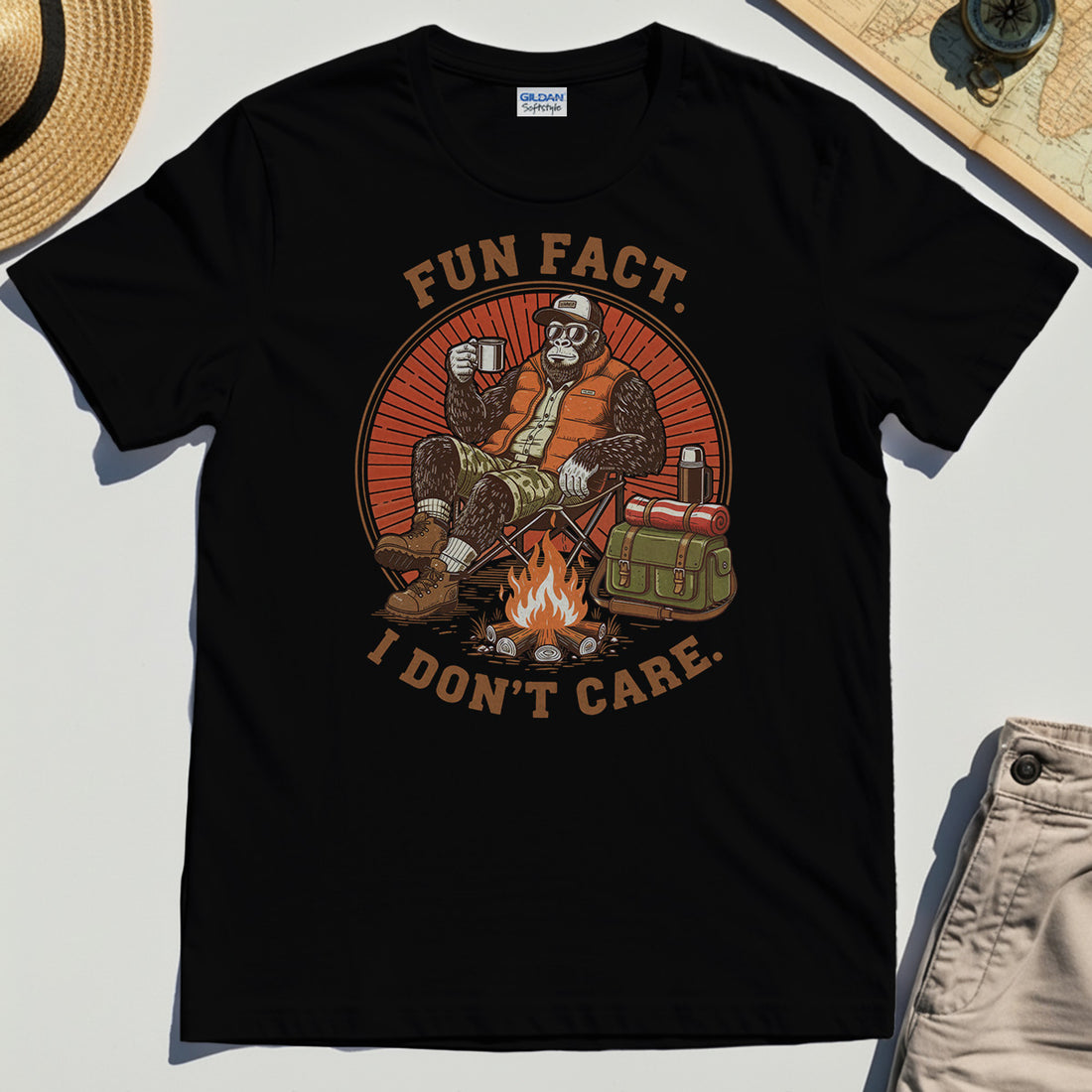 Funny Bigfoot Camping T-Shirt, "Fun Fact I Don’t Care” 1