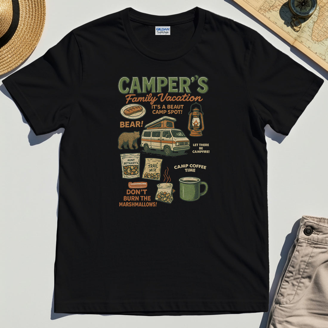 Camper’s Family Vacation T-Shirt, Funny Outdoor Campfire Coffee Trail Mix Adventure Tee 1