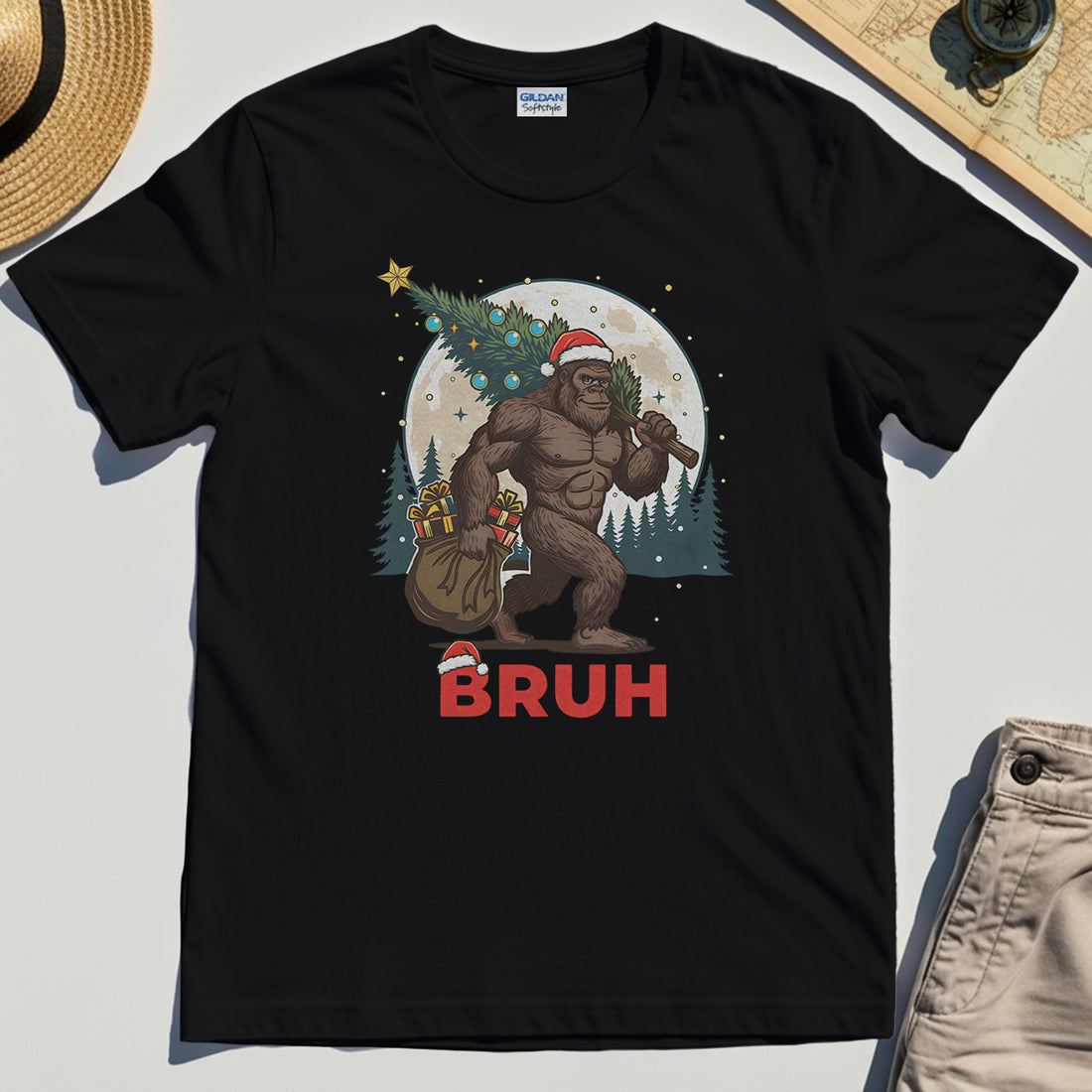 Bigfoot Christmas "BRUH" T-Shirt, Retro Santa Hat Sasquatch Carrying Christmas Tree Shirt 1