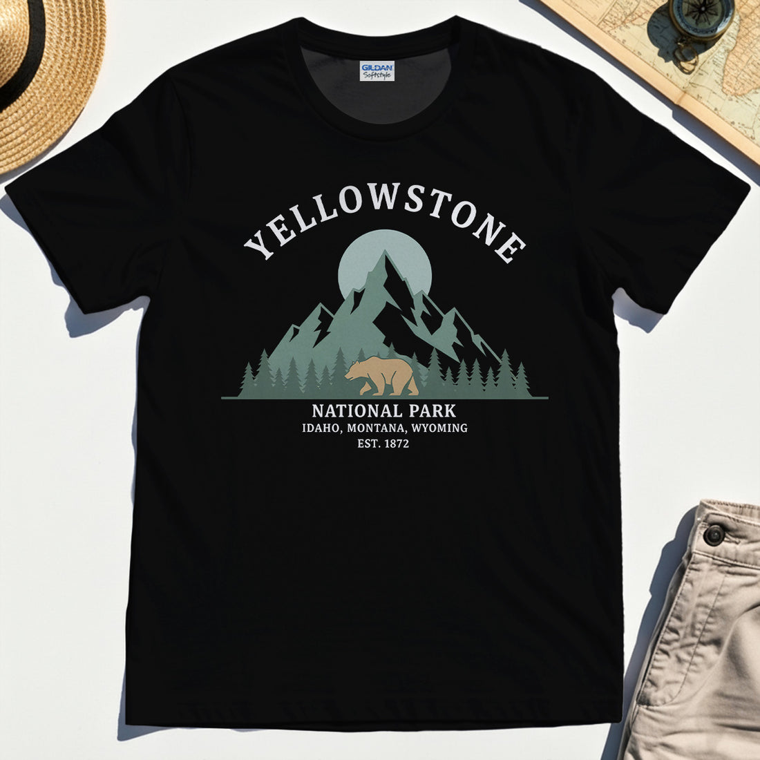Yellowstone National Park T-Shirt, Bear & Pines Mountain Graphic Tee 1