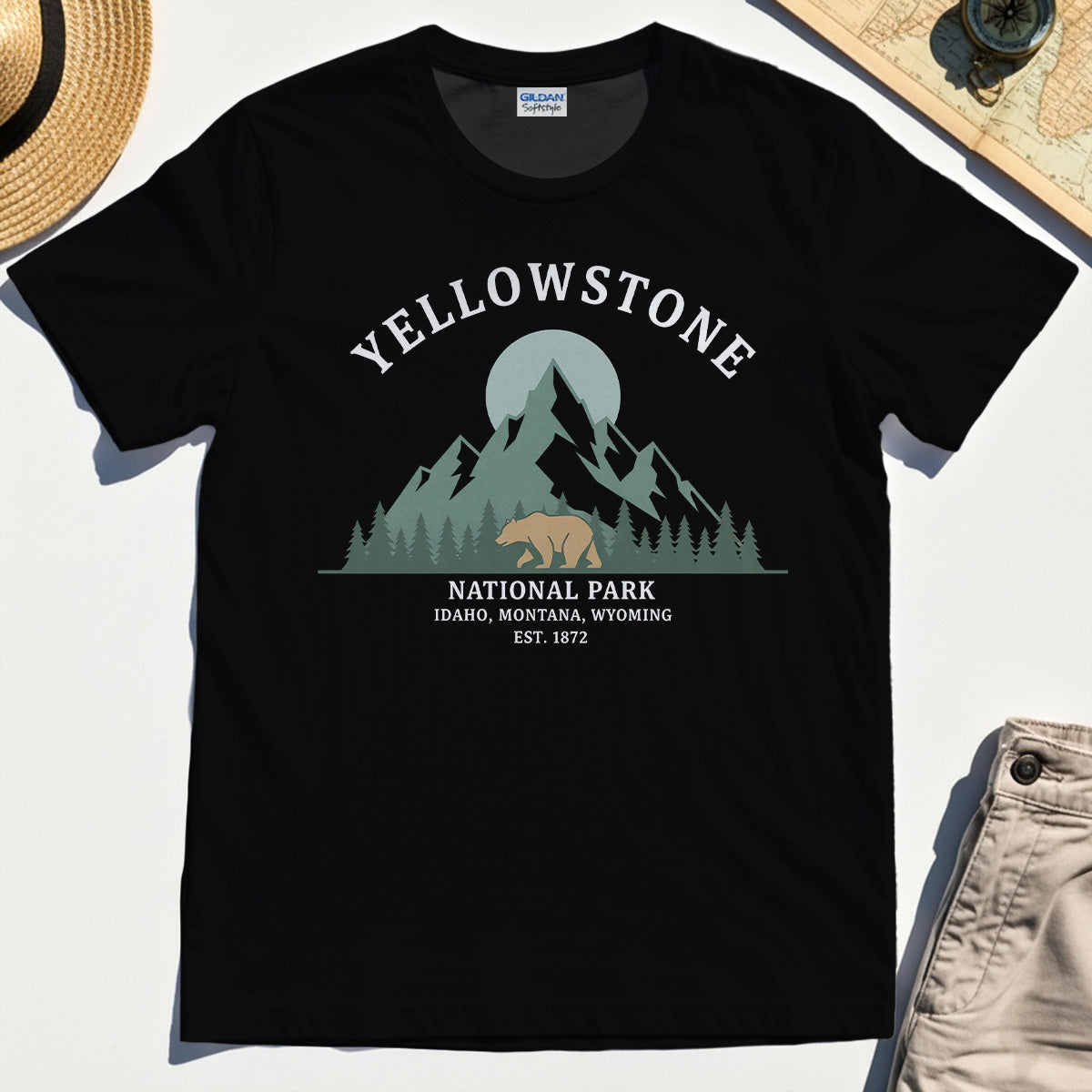 Yellowstone National Park T-Shirt, Bear & Pines Mountain Graphic Tee 1