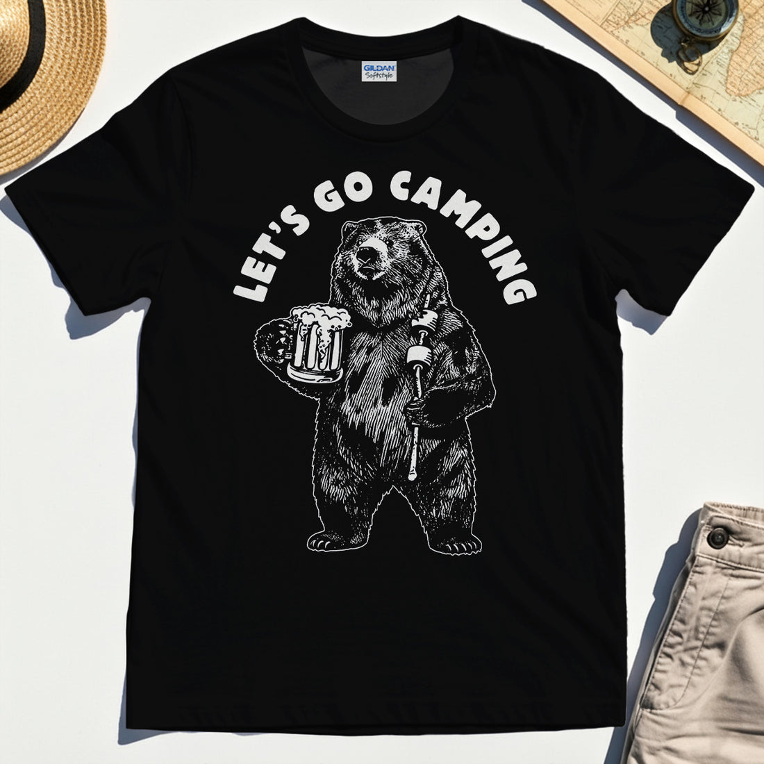 Let’s Go Camping Funny Bear Drinking Beer T-Shirt 1