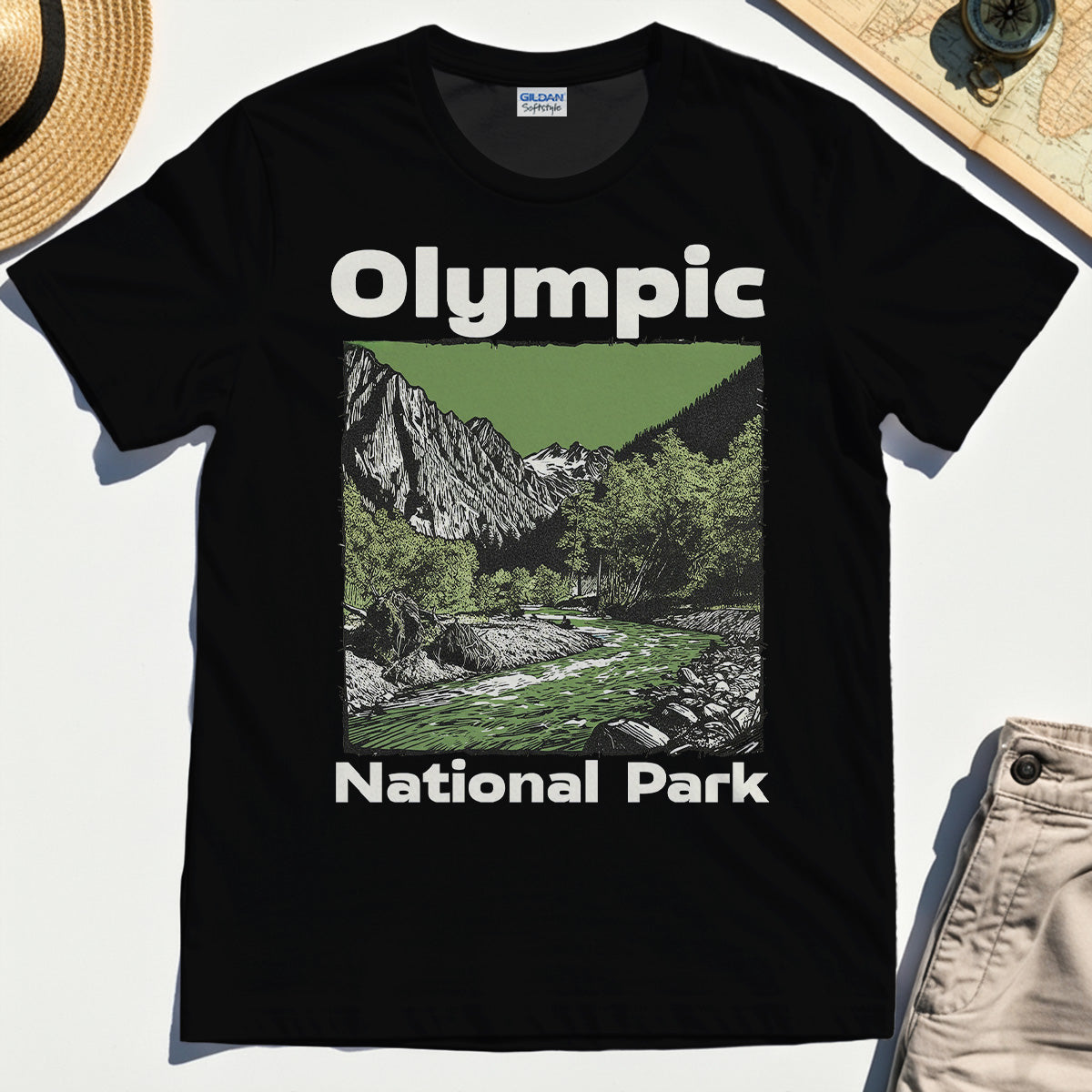 Olympic National Park Shirt, Vintage Mountain River Scene Tee For Outdoor Adventure Campers 1