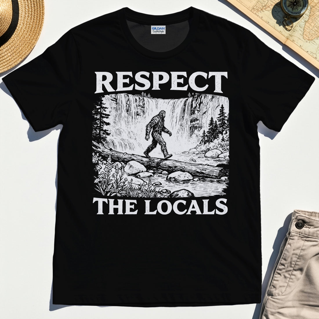 Bigfoot Respect The Locals Shirt, Vintage Waterfall Hiking Graphic Tee for Camper And Adventurers 1