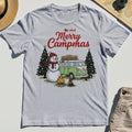 Funny Merry Christmas Camping T-Shirt, Retro Camper Van Snowman Campfire Tee for Outdoor Lovers 6