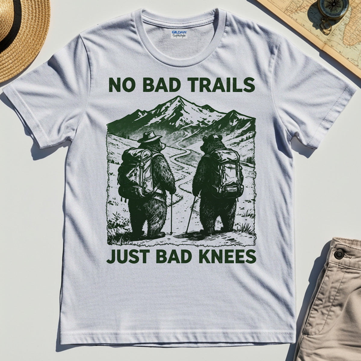 No Bad Trails Just Bad Knees T-Shirt, Vintage Bear Backpacking Shirt for Campers and Outdoor Enthusiasts 7