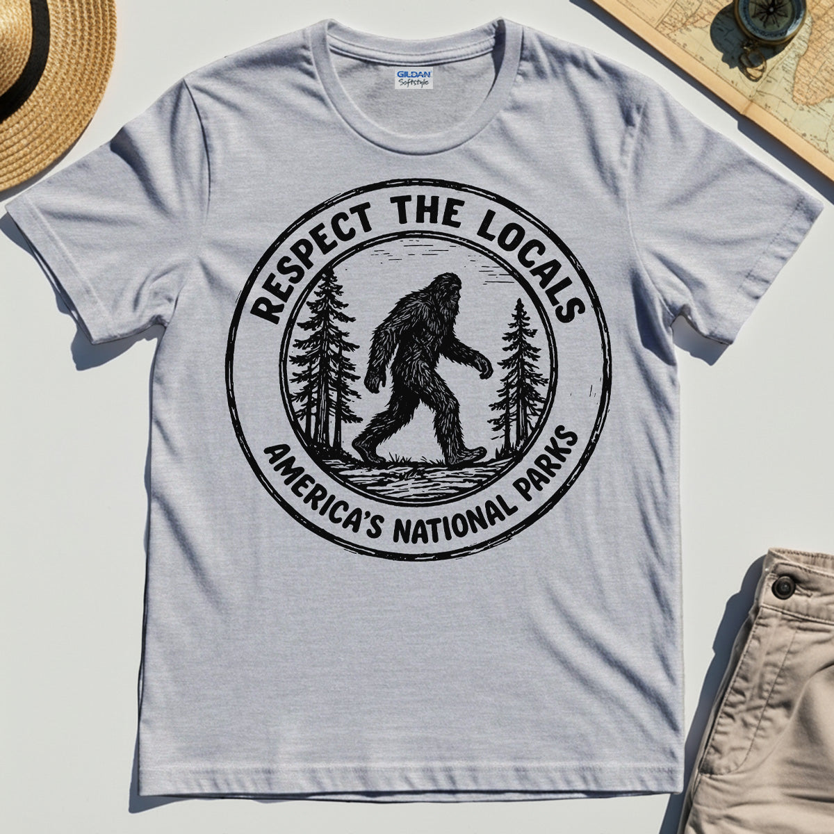 Retro Respect the Locals Bigfoot T-Shirt, Funny Sasquatch National Park Camping Tee 8