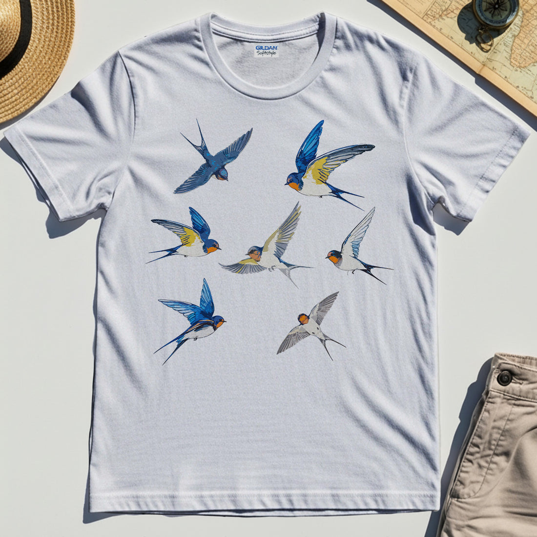 Elegant Flying Swallows Shirt, Minimalist Wildlife Camping Graphic Shirt Gift For Nature Campers 1