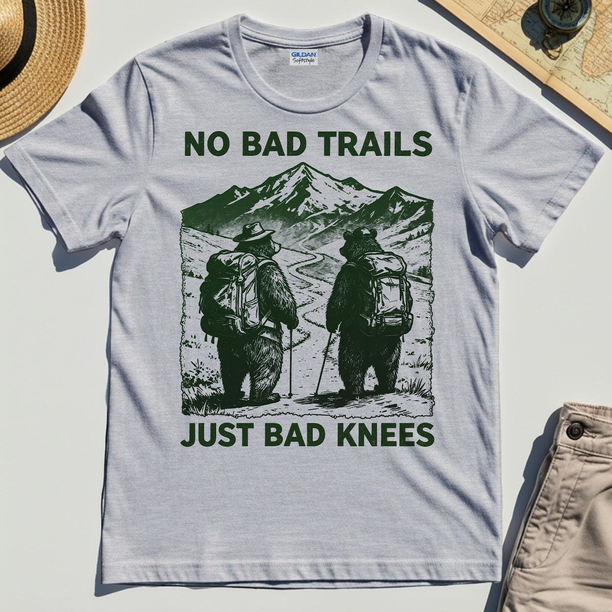 No Bad Trails Just Bad Knees T-Shirt, Vintage Bear Backpacking Shirt for Campers and Outdoor Enthusiasts 8