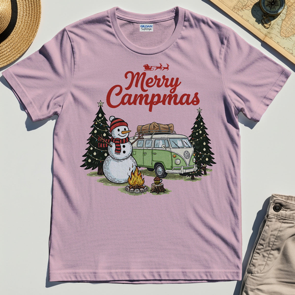 Funny Merry Christmas Camping T-Shirt, Retro Camper Van Snowman Campfire Tee for Outdoor Lovers 7