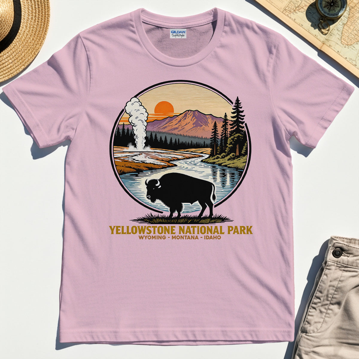 Retro Yellowstone National Park T-Shirt, Bison Silhouette Outdoor Adventure Tee For Nature Campers 5
