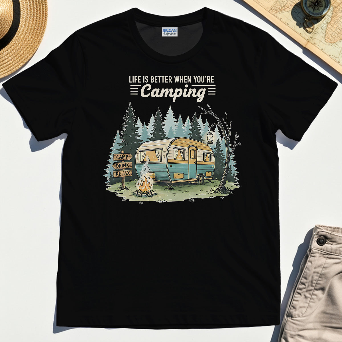 Life Is Better When You’re Camping Shirt, Retro Camper and Campfire Tee for Travelers and Campers 1