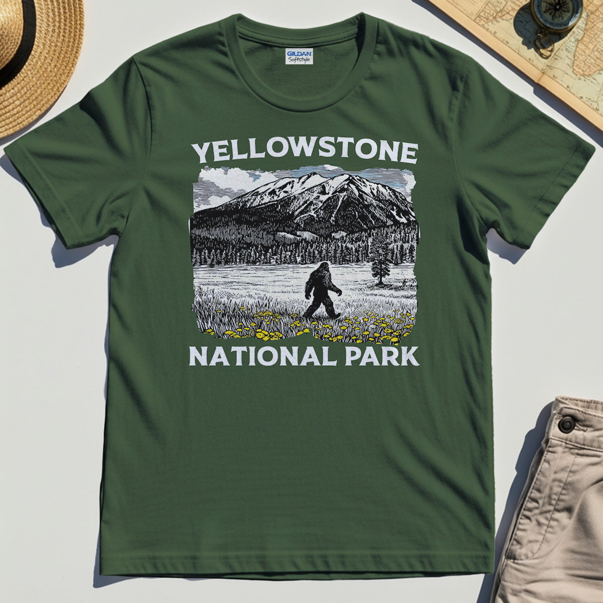 Yellowstone National Park T-Shirt, Bigfoot Hiking Graphic 1